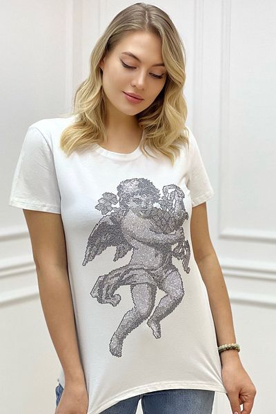 RICH GLAM Angel Crystal Stone White Crew Neck Plus Size Stylish Cotton Women's T-Shirt