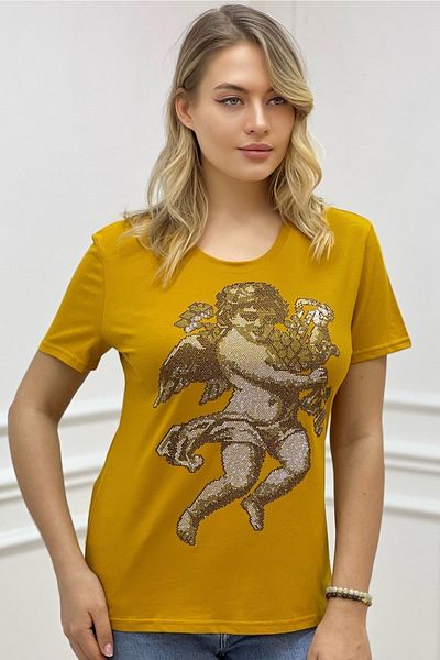 RICH GLAM Angel Crystal Stone Crew Neck Plus Size Stylish Cotton Women's T-Shirt