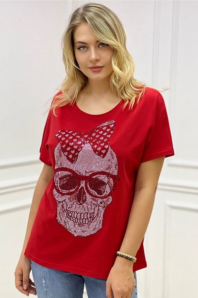 RICH GLAM Red Cotton - Crystal Skull Stone Detailed, Loose Cut Large Size T-shirt