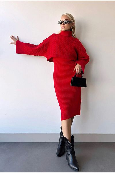 zoe star Turtleneck Knitted Motif Crop Sweater and Knitwear Dress Set