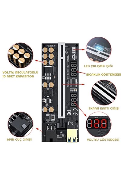 Unichrome Riser V016 Voltaj Regülatörlü 10 Kapasitör Ekran Kartı Yükseltici P...