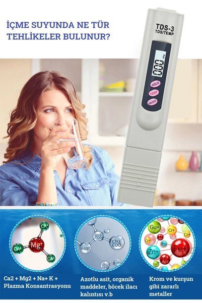 Unichrome Deri Kılıflı Tds Metre Su Kalite Test Ölçüm Cihazı Saflık Ölçer Termometreli Pil Dahil