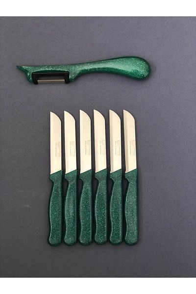 Solingen Set of 6 Serrated Glitter Emerald Green Fruit and Vegetable Knives and Side Peeler