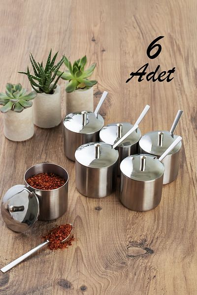 Porsima Elite 6-Piece Stainless Steel Metal Sugar Bowl with Tea Spoon and Lid Desktop Spice Bowl Set