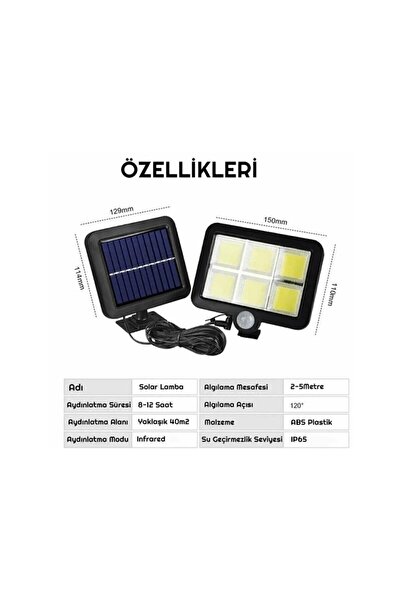 SNR 120 Cob Led 4,70 Mt Kablolu Solar Panel Güneş Enerjili 3 Mod Duvar Lambası