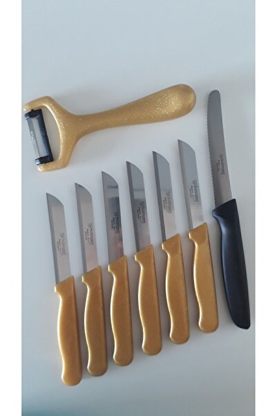 Solingen Set of 6 Glitter Gold Fruit Knives and Side Peeler with Knob Handle