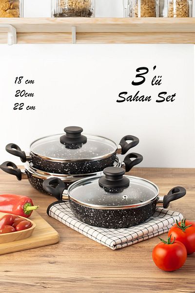 Esra 3-Piece Granite Sahan Set - 6-Piece Glass Lid Double Handle Omelet Sahan Set