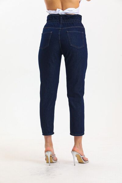 SHEVEGA Navy Blue High Waist Lycra Drawstring Mom Jean Jeans