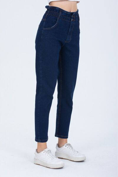 SHEVEGA Navy Blue Large Size Lycra Elastic Waist Button Detailed Mom Jean Jeans