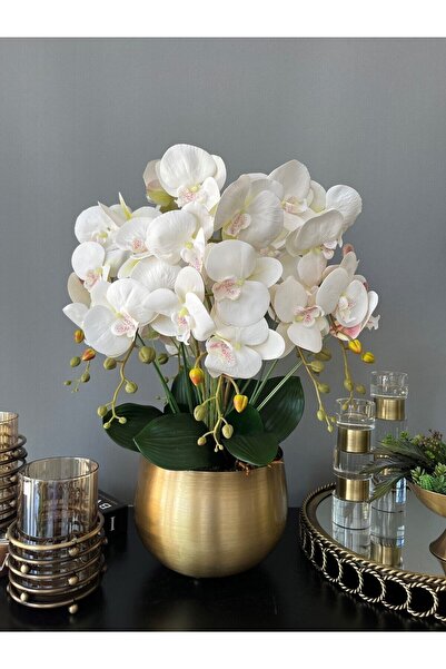LİLOTEHOME 8 DAL KIRIK BEYAZ ISLAK ORKİDE ARANJMAN ESKİTME MAT GOLD SAKSIDA