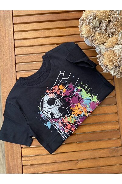 Baby Aden Nakış Detaylı Futbol Toplu Orijinal Siyah Pamuklu Erkek Çocuk Tişört