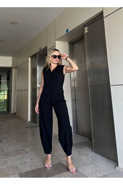 edzmoda طقم سترة نسائية مبطنة باللون الأسود وبنطلون بالون