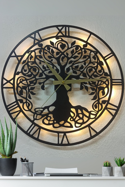 Blackdekor Roma Rakamlı Ağaç Tasarımlı Modern Duvar Saati Oturma Odası Ve Mis...