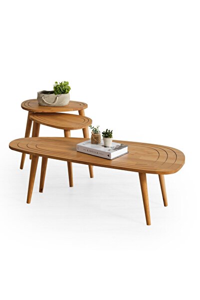 FAVdecor Sweet Masif Doğal Ahşap Orta Sehpa Ve 2'li Zigon Sehpa Set, Modern Masif Yan Ve Orta Sehpa Set