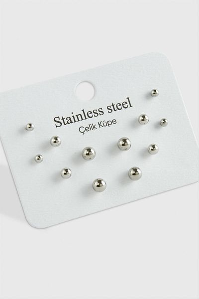 Bijuteri Net 6 Pieces Steel Earrings - Ball Design