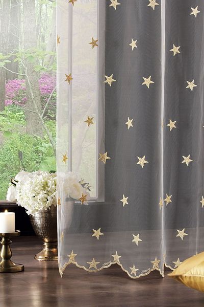 MAGİZA Tulle Curtain Star Pattern Does Not Want Iron 1E 2.5 Layers Normal Pleat Fits Living Room Kitchen Balcony and Children's Room