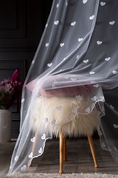MAGİZA Heart Patterned Tulle Curtain - Don't Want Iron, 1e 2.5layer Normal Pleat, Suitable for Living Room, Kitchen, Balcony and Children's Room