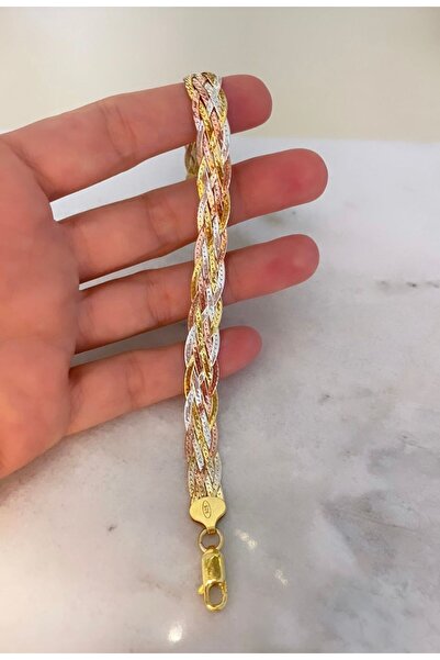 emy by emel luxury silver jewelry Üç Renkli Kalın Örgü Bileklik Altın Kaplama...