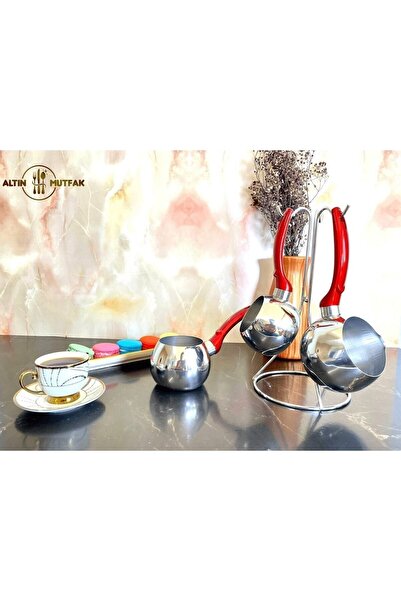 ŞAHSET 4 Parça Paslanmaz Çelik Cezve Takımı Elma Şekeri Küre Cezve