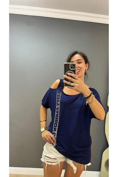 citycenterfashion Plus Size One-Shoulder Stone Detailed City Fashion Blouse - Low Sleeve cty-cnd-06