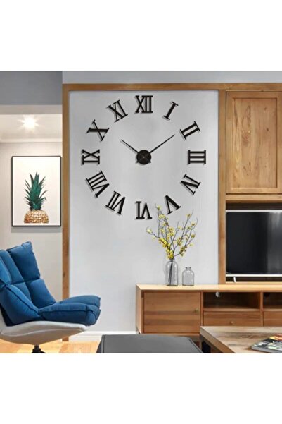 Platin Saat 3d Siyah Büyük Boy Roma Rakamlı Yapışkanlı Duvar Saati