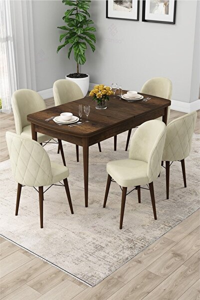 Canisa Rut Serisi Açılabilir 80x132 Barok Ahşap Desen Yemek Odası Takımı ve 6...