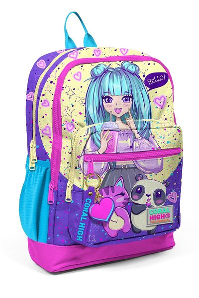 Coral High Geantă de școală anime pentru fată cu model violet roz