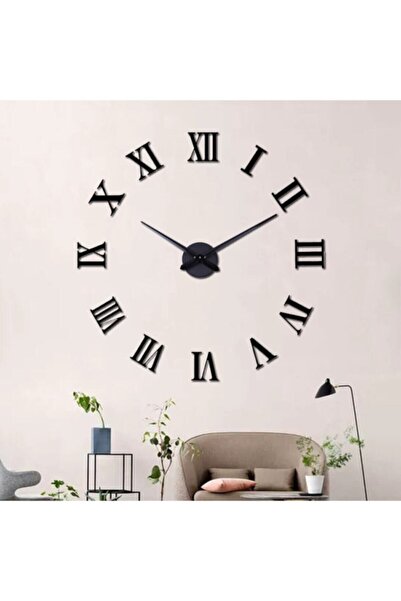 Platin Saat 3d Siyah Büyük Boy Roma Rakamlı Yapışkanlı Duvar Saati