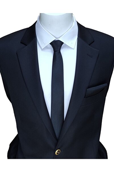 Elegante Cravatte Černá Extra tenká tenká matná kravata a kapesníček