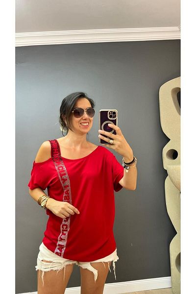 citycenterfashion بلوزة سيتي فاشن بكتف واحد وتفاصيل حجرية مقاس كبير - كم منخفض cty-cnd-06