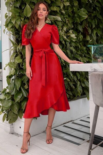 Masspera Double Breasted Neck Short Sleeve Flounce Belted Midi Dress