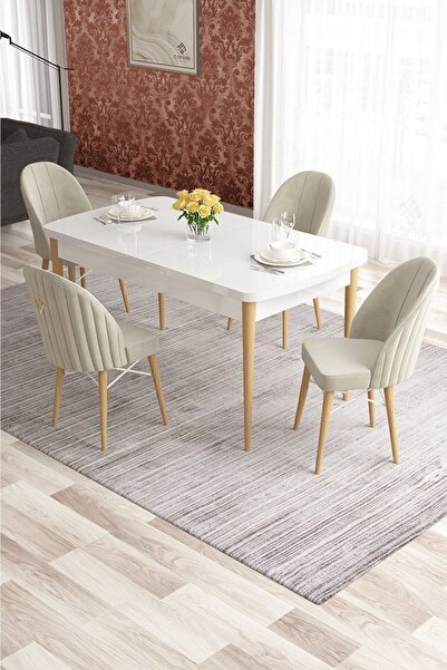 Canisa Elf Serisi 80x132 Açılabilir Beyaz Masa Doğal Ahşap Ayak Masa Takımı V...