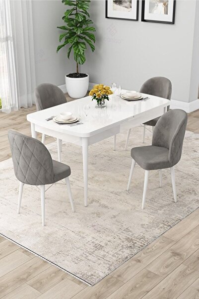 Canisa Rut Serisi Açılabilir 80x132 Beyaz Masa Ceviz Ayak Yemek Odası Takımı ...