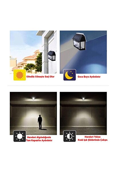 Badem10 Dış Mekan Apliği Sensörlü Bahçe Duvar Aplik Güneş Enerjili 3 Modlu Sarı Işıklı 15 W Fener Lamba
