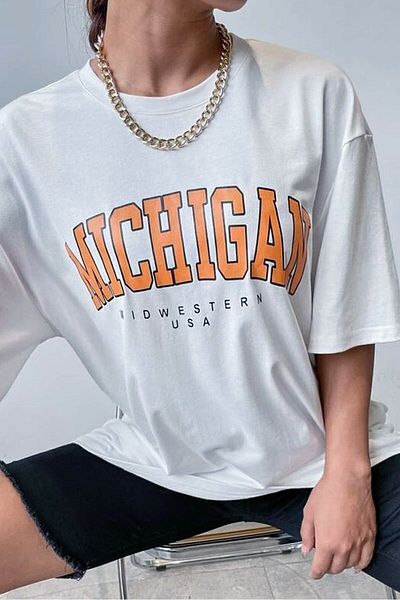 Mad&Calf Γυναικείο μπλουζάκι με στάμπα Michigan Oversize Loose Cut