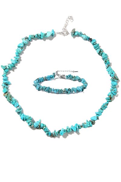 MGA DOĞAL TAŞ Turquoise Turquoise Necklace and Bracelet Set - Steel Wire, Steel Clip and Steel Ring Chain