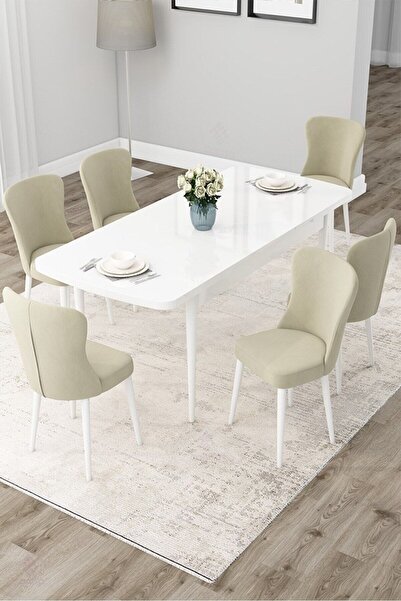 Canisa Due Serisi 80x132 Açılabilir Beyaz Yemek Odası Takımı Ve 6 Krem Sandalye