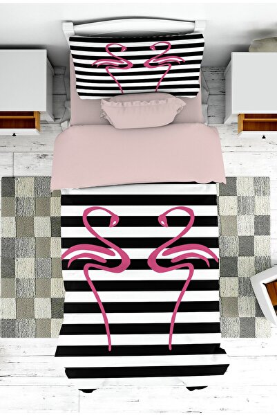 linazaitun Modern Youthful Room Geometric Flamingo Patterned Bedspread and Pi...