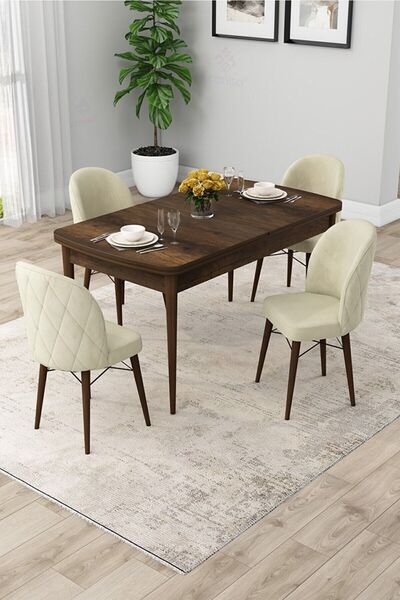 Canisa Rut Serisi Açılabilir 80x132 Barok Ahşap Desen Mutfak Masası Takımı ve...