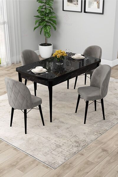 Canisa Rut Serisi Açılabilir 80x132 Siyah Mermer Desen Mutfak Masası Takımı v...