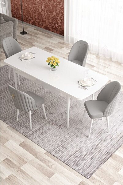 Canisa Elf Serisi 80x132 Açılabilir Beyaz Masa Takımı Ve 4 Gri Sandalye