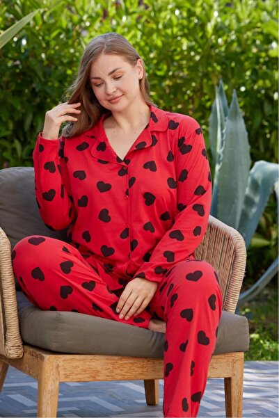 pijamacity Büyük Beden Kadın Kırmızı Uzun Kollu Pamuklu Önden Düğmeli  Pijama Takımı