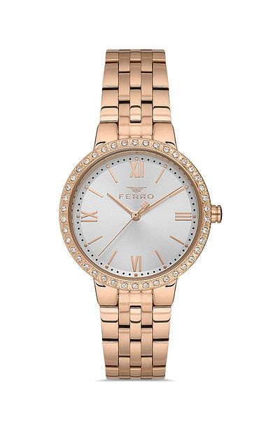 FERRO Rose Colored Stone Detailed Women's Wristwatch and Bracelet Gift