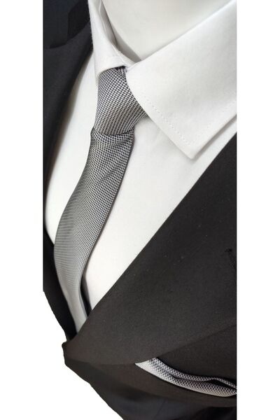 Elegante Cravatte Anthracite - Smoke - Silver Gray Color 3-Piece Dobby Tie and Handkerchief Set