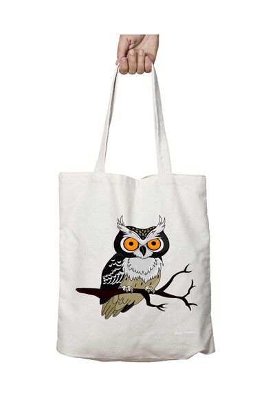 ART HEDİYE Owl Owl on Branch - Two Sides Permanent Printed Washable Bag