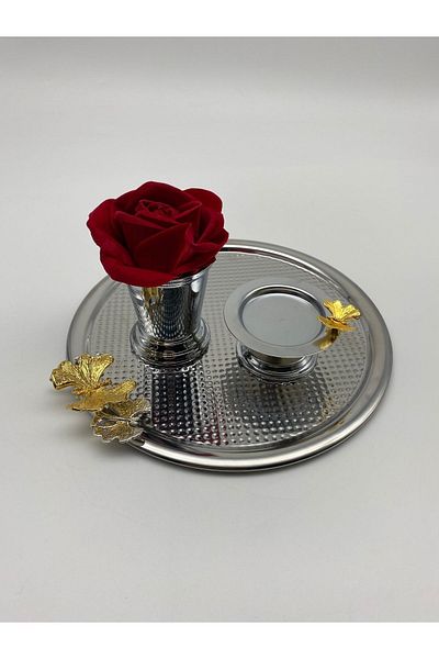 Fiyakalı Ürünler Atölyesi 6-Piece Butterfly Round Silver Presentation Groom Coffee Tray, Silver Rose Bucket, Silver Butterfly Macaron Holder