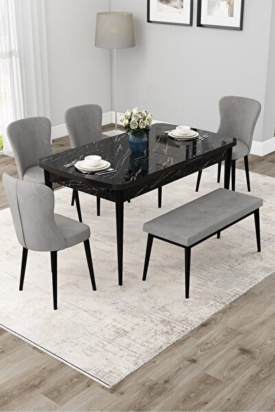 Canisa Due Serisi 80x132 Açılabilir Siyah Mermer Desen Yemek Odası Takımı 4 G...