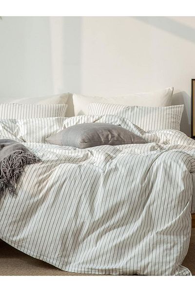 CAQQA Double White Striped Cotton Duvet Cover Set