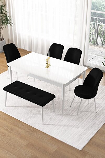 Canisa Pir Serisi 80x130 Sabit Beyaz Mutfak Masa Takımı 4 Siyah Sandalye Ve 1...