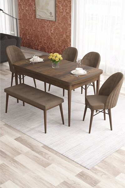 Canisa Elf Serisi 80x132 Barok Ahşap Desen Masa 4 Pembe Sandalye 1 Bench Gold...